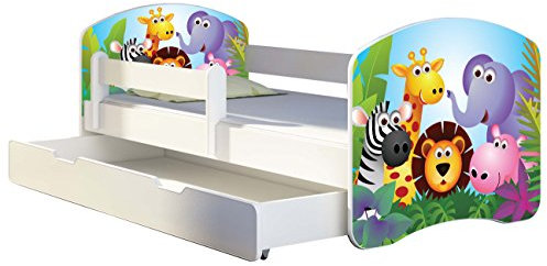 Kinderbett Jugendbett mit einer Schublade und Matratze Weiß ACMA II 140 160 180 40 Design (180x80 cm + Bettkasten, 01 Zoo)