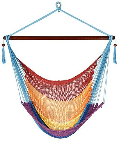Large Hammock Chair with Spreader Bar, Caribbean Hammock Hanging Rope Swing Chair, XL Hammock Chair Outdoor, Indoor, Bedroom, 330 LBS Weight Capacity, Rainbow