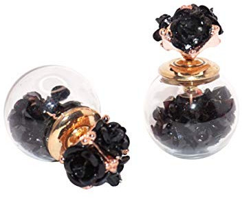 Rose Blume Doppelte Perlen-Ohrstecker vorne und hinten mit Kristallen in einer Glaskugel (Schwarz)