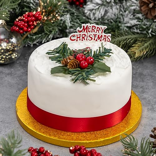 Evelay Cake Decoration MERRY CHRISTMAS Sign/Motto Berry Fir-cone Foliage Party Accessories with 1 Yard Wired Edge Ribbon Included