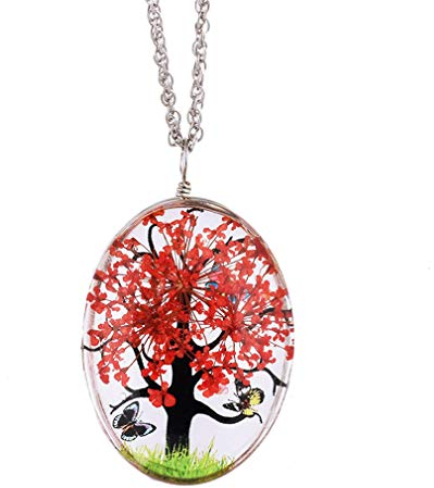 YAZILIND Getrocknete Blume Halskette Leben des Baumes Schmetterling Oval Glas Medaillons Anhänger Kette Halsketten für Frauen Mädchen Geburtstagsgeschenk Schmuck