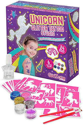 GirlZone Cadeau Anniversaire Fille - Tatouage Paillette Temporaire Enfant Licorne- Kit De 33 Pièces - Inclut 24 Pochoirs - 4 à 11 Ans