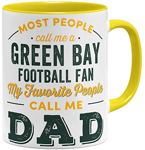 OM3® Green-Bay-Fan Tasse - Keramik Becher - American Football Mug - 11oz 325ml - Beidseitig Bedruckt - Gelb