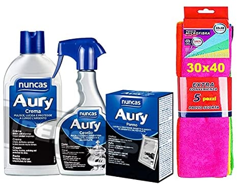 NUNCAS SET PULIZIA ARGENTO : AURY CREMA 250 ML + AURY PANNO + AURY CESELLO 200 ML + pacco 5 pezzi panni microfibra 30x40