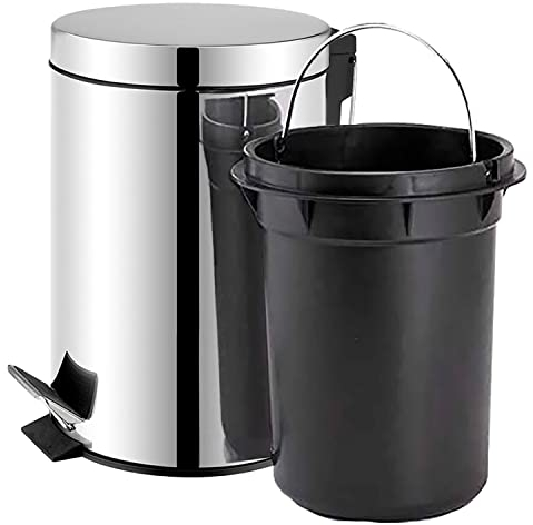 TIENDA EURASIA - Cubo de Basura Cocina | Con Pedal | Acero Inoxidable | Contenedor Interior Extraíble | Acabado Cromado Brillante | Papelera Baño (7L)