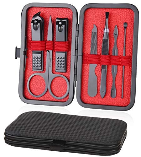 URAQT Maniküre Set, 7 Stücke Pediküre Nagelset Nageletui Nagel Schere Set, Nagelknipser Etui aus Edelstahl mit Ledertasche, Nagelpflege Pflege Werkzeuge für Damen & Herren (Schwarz - innen rot)