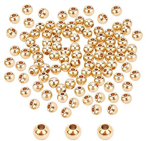 PH PandaHall 6mm 14K Gold Plated Beads, 150pcs Long-Lasting Plated Round Ball Brass Seamless Smooth Beads Spacers for Stackable Necklace, Bracelet, Earring Jewellery Making