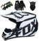 Motorradhelm - Motocross Helm Set - Dirt Bike Fullface Offroad Motorrad Helm mit Schutzbrille Geeignet für Kinder von 5 Bis 14 Jahren mit Fox Design - Schwarz-Weiss - S/M/L/XL,L