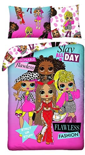 Halantex OMG-019BL – Wende-Bettwäsche-Set O.M.G. Fashion Dolls – Slay All Day Fierce Fashionable Flawless Lol 100% Baumwolle 2-teilig Bettbezug und Kissenbezug - Mehrfarbig - 140 x 200 cm / 70 x 90 cm