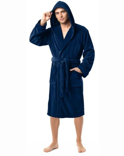Luxury Fluffy Fleece Mens Dressing Gowns with Hood Housecoat Bath Robe | Hooded bathrobe with adjustable belt made from soft fleece for cozy comfort and perfect for lounging.