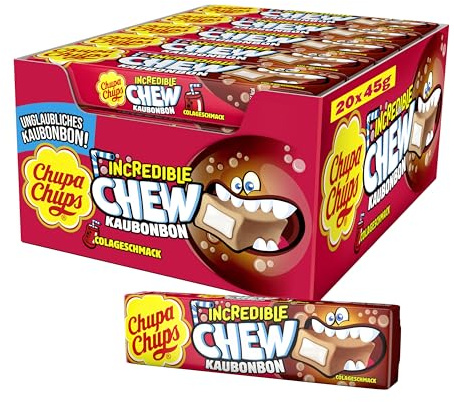 Chupa Chups Incredible Chew Cola, Thekendisplay enthält 20 Stangen Kau-Bonbons mit Cola-Geschmack in der Groß-Packung, 20 x 45g