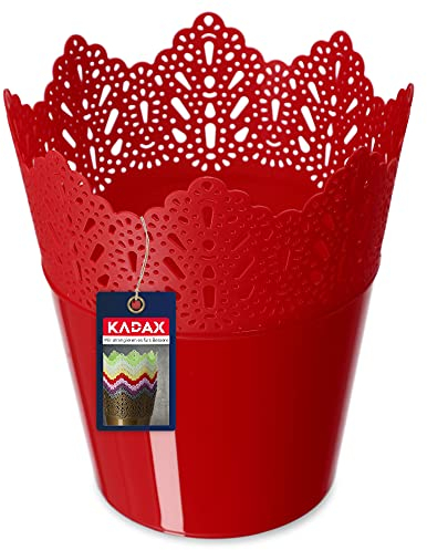 KADAX Spitzen-Blumentopf aus Kunststoff, 9 Farben, Blumentopf mit Spitzenmotiv, Blumentopfschutz für Büro, Topf, Gartenschale, Blumenkübel, Übertopf (⌀ 12cm, Niedrig, rot)