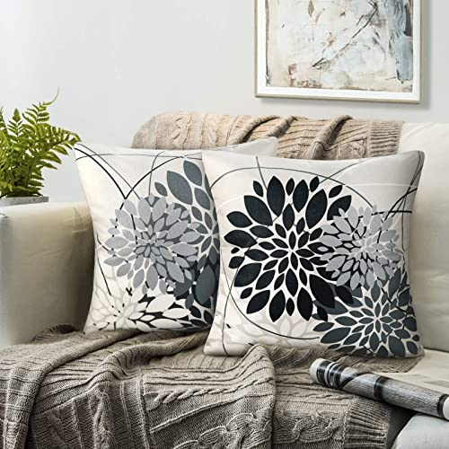 RYBornament 2er Set Kissenbezug 40x40 Moderne Geometrie Dahlie Blume Dekorative Kissenhülle Schwarz Grau Sofakissen Herbst Kissen Leinen Für Sofa Schlafzimmer Wohnzimmer Bauernhaus Dekoration