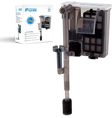 LAQUAL Aquarium Filter with Surface Skimmer, 15-30 Gallon Small Fish Tank Filter, Full Contact & 3 Layer Filtration, Quiet & Efficient, Waterfall Design for Increasing Oxygen, Hang on Back Filter