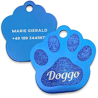 Geschenkfreude Hundehalsband Anhänger mit Gravur - Hundemarke personalisiert/Adressanhänger Hund Pfote - für mittelgroße bis große Hunde - blau