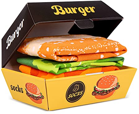 Lustige Burger Socken Box Herren Jungen Damen - Novelty Hamburger Socken Geschenke für Männer Bunte Lustig Witzige Coole Bedrucken Socken mit Motiv - Weihnachten Geburtstags Geschenk Vatertag-2 Paar