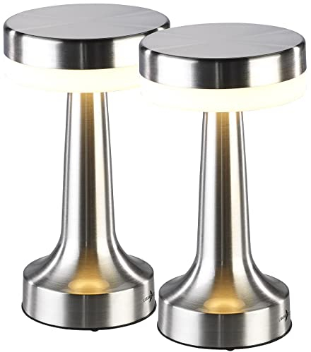 Lunartec Lese Lampe: 2er Set LED-Akku-Tischleuchte,3 Dimmstufen,Edelstahl-Optik,1.500 mAh (LED Tischlampe ohne Kabel, Indoor Tischlampe, kabellos)
