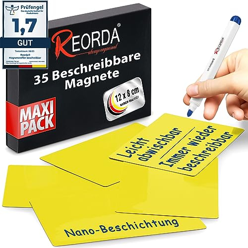 Reorda® Magnetstreifen beschreibbar - 35 Stück wiederbeschreibbar – 12 x 8 cm Gelb | Beschreibbare Magnete für Whiteboard, Kanban, Magnettafel | Beschriftbare Magnete für den Kühlschrank