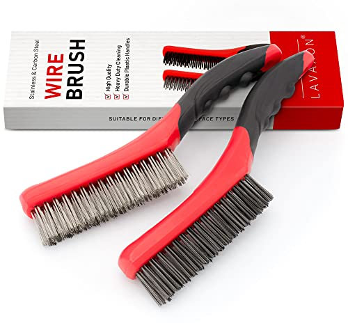 Wire Brush Set,Heavy Duty Carbon Steel and Stainless Steel Wire Scratch Brush for Cleaning Rust,Paint, Welding with Long Curved Rubber Handle,2 Pcs,Large (Red)