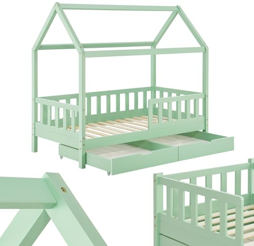 Juskys Kinderbett Marli 80 x 160 cm mit Bettkasten 2-teilig, Rausfallschutz, Lattenrost & Dach - Massivholz Hausbett für Kinder - Bett in Mint