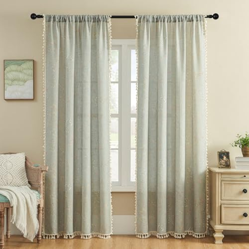 Joydeco Blue Floral Boho Curtains 63 Inch Length 2 Panels, Super Soft Bohemian Farmhouse Curtains with Tassels, Semi Sheer Light Filtering Drapes for Bedroom Living Room (Rod Pocket, 52Wx63L)
