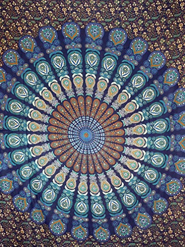 HCZ Mandala-Tagesdecke, 100 % Baumwolle, Mehrzweck, 240 x 210 cm, dekorative Wandteppiche, hergestellt in Indien (Blau)