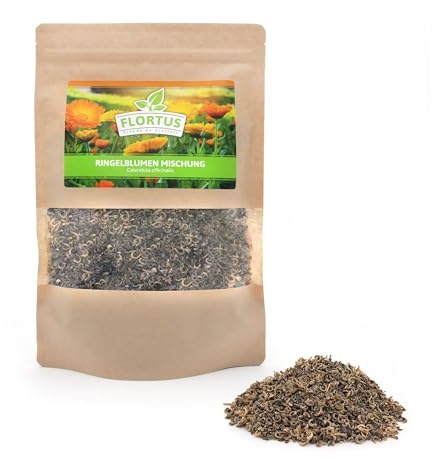 FLORTUS Ringelblume Mischung | Ringelblumen Samen 100 g Doypack | Bienenfreundliche Blumensamen | Samen Ringelblume für Calendula Bienenweide | Essbare Blüten | Saatgut für Ringelblumen Pflanze