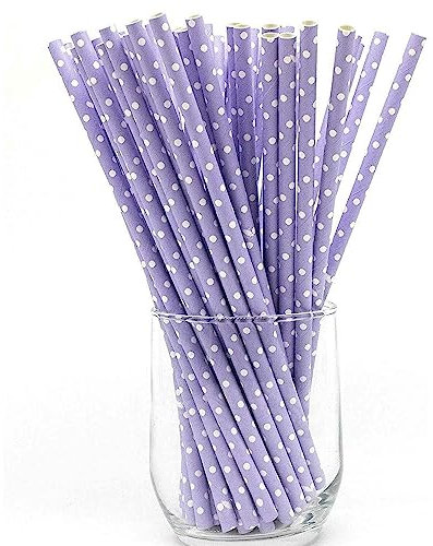 BloomFashion® 100PCs Paper Straws Biodegradable Party Drinking Straw, Wedding Birthday Decorations Recyclable Multi-Patterned Disposable Straws for Drinks Purple White Dots