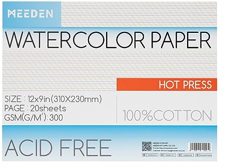 MEEDEN Aquarellpapierblock, 100% Baumwoll-Aquarellpapierblock mit 20 Blättern, 140lb/300gsm, säurefreies Kunstpapier für Aquarell, Gouache, Tinte und mehr, 22,9 x 30,5 cm Heißpresse