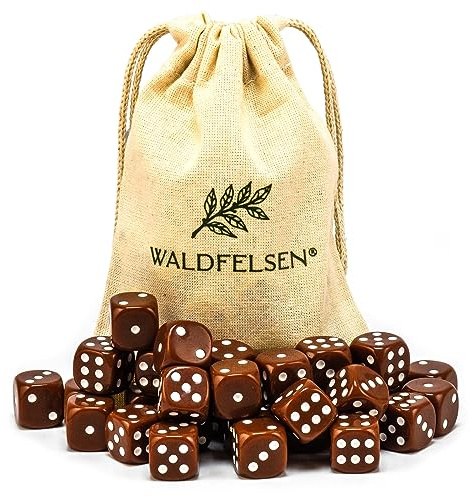 Waldfelsen 6, 12, 20, 30 oder 50 hochqualitative Würfel Standardgröße 16 mm Acrylwürfel Knobel Spielwürfel Dice 6-seitig sechsseitig Spielzubehör Set mit Stoffbeutel (Braun, 30 Stück)