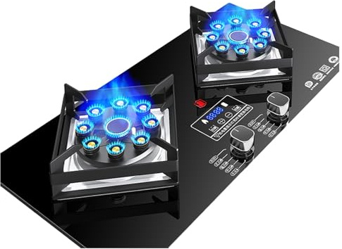 Cuisinière À Gaz De 75 Cm, Avec 2 Brûleurs, Injection Directe Double Face Temporisée À Neuf Chambres, Support À Casseroles En Fonte De Verre Trempé Noir, Avec Protection Anti-extinction (Color : Blac