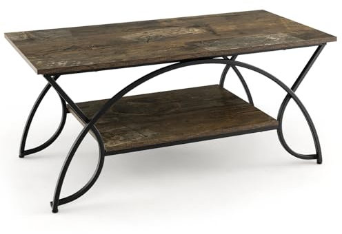 COSTWAY 2-Tier Coffee Table, Marble Effect/Vintage Cocktail Center Table with Storage Shelf, Metal Frame Wooden Accent Sofa Side Tea Table for Living Room, Bedroom and Office (Vintage Brown+Black)