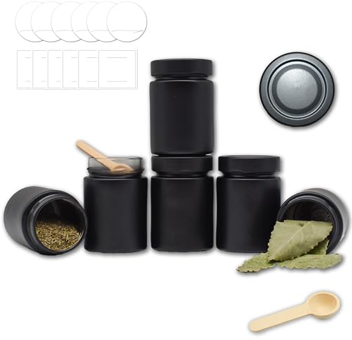 Gewürzgläser rund schwarz-matt Set - 190 ml - mit Gewürzlöffel - wasserfeste Etiketten rund und quadratisch - mit Schraubdeckel (6)