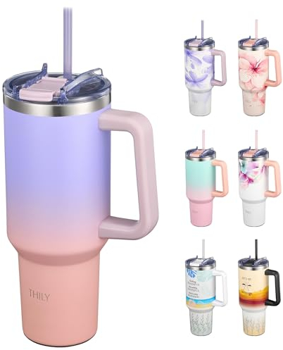 THILY 40 oz Insulated Tumbler with Handle - Stainless Steel Coffee Travel Mug with Lid and Straws, Cupholder Friendly, BPA Free, Splash-Proof, for Women, Mother, Wife, Girls, Lavender Dream
