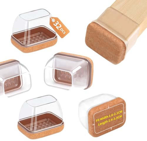 32PCS Chair Leg Floor Protectors, Rectangle Chair Leg Protection Caps, Small Clear Silicone Chair Leg Covers with Light Brown Felt Pads for Hardwood Floors, No Noise No Scratches