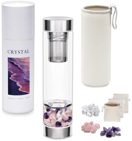 DiDiBirDi 500ml Glass Water Bottle with Removable Filter - Includes Amethyst and Rose Quartzite, Suitable for Tea Lovers