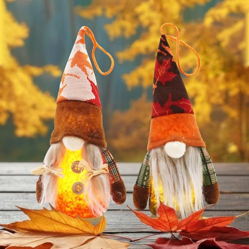 TZQFROCE Herbst Wichtel Figuren 2 Stück Herbst Deko Wichtel mit Licht Plüsch Figuren Deko Herbstdeko Zwerge Herbstdeko Wicht-EL Figur-en für Erntedan