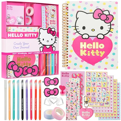 Hello Kitty DIY Kit de Papeleria para Niñas, Set de Manualidades, Diario Infantil A5 Pegatinas Notas Adhesivas Llavero Anime para Regalar