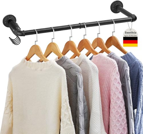 Swetfela Perchero de pared, 98 cm, montaje en pared, diseño industrial, color negro, montaje en techo con 5 ganchos en S, tubo robusto para dormitorio/cocina
