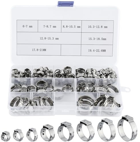 95 Pièces Collier de Serrage Inox, Collier de Serrage Tuyau avec 8 Tailles 6-22,6mm, Collier de Serrage Métallique, Collier Tuyau à Oreille Réglable pour Tuyau D'eau, Tubing Automobile