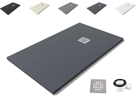 VAROBATH | Plato de Ducha Nolita – Material Resina con Carga Mineral y Textura Pizarra Antideslizante C3 – Incluye Válvula Desagüe y Rejilla (Grafito RAL-7015, 70x100)