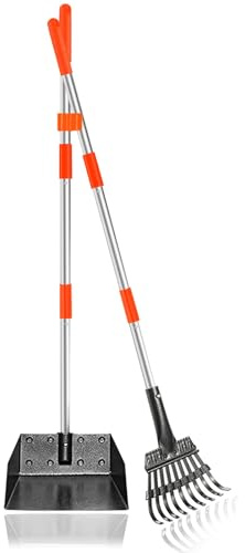Furggis Dog Pooper Scooper,Tray and Rake Set Poop Scooper for Dogs | Adjustable Long Handle Metal Pooper Scooper for Pet Waste Removal, No Bending Clean Up for Medium and Large Dogs