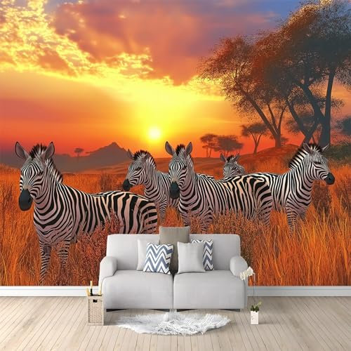 Tapete 3D Effekt Fotografie Sonnenuntergang Zebra Fototapete Wohnzimmer 400 x 280 cm Vlies Tapeten Wandtapete Orange Farbe Moderne Wanddeko, für Wohnzimmer Schlafzimmer Büro