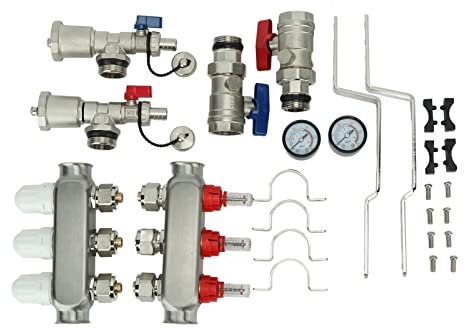 YKMBFEQC Underfloor Heat Manifold Kit, G1in 3 Loop Radiant Heat Manifold Pressure Gauge for Laboratories