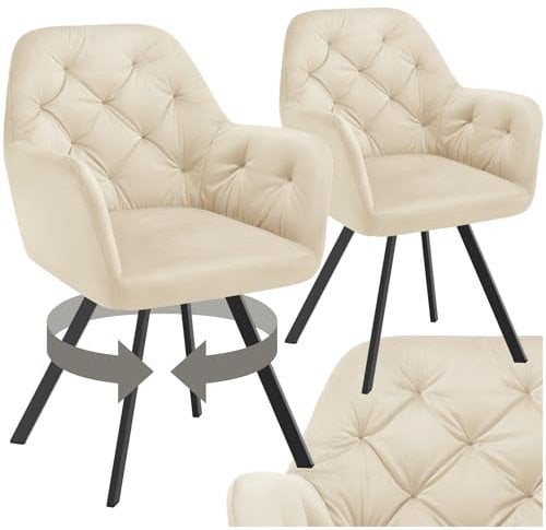 tectake® 2er Set Esszimmerstühle drehbar mit Armlehne, Samtstoff Drehstuhl ergonomisch, Möbel für Wohnzimmer, Stühle für Dining Lounge, Office, als Schminkstuhl oder Schreibtischstuhl - Creme