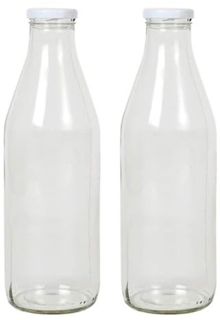 Acan Tradineur - Pack de 2 botellas de cristal para leche, bote para bebidas con tapa de rosca, batidos, zumos, licuados de verduras, salsas, frigorífico (Tapa blanca, 1 litro)