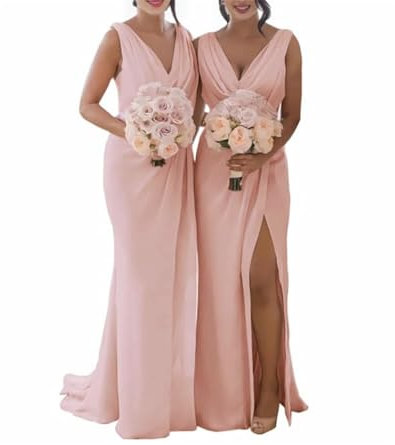 Robe de demoiselle d'honneur en mousseline de soie fendue sans manches - Robes de soirée formelles - Dos nu - Grandes tailles, Rose pâle, 46