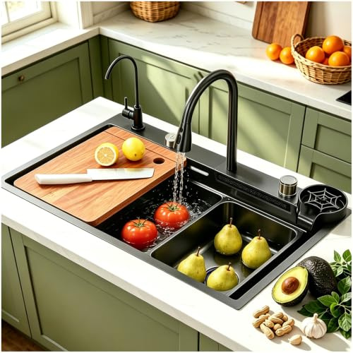 65 x 50 cm, lavello da cucina, a cascata, in acciaio inox, nero, grigio, 1 vasca, grande piano di lavoro, con rubinetto estraibile, 2 scolapiatti, tagliere, dispenser di sapone, lavastoviglie per
