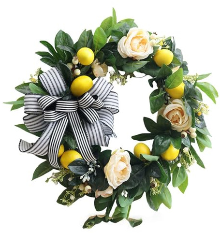 Künstliche Blumenkranz Dekorative Türkranz Zitrone, Kranz mit Gelben Pfingstrosen, Türkranz Frühling, Künstliche Frühlingsblumen für die Haustür, Parties, Türen, Hochzeiten (45cm,Pfingstrose)