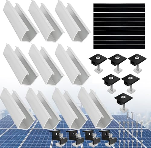 Solarmodul Halterung Kit 12cm und Zubehör Schwarz Eloxiert 30-35mm Verstellbar, Ideal für Trapezblech - Flachdach - Montage, PV - Befestigungsset für Solarmodule (für 4 x Solarmodul)
